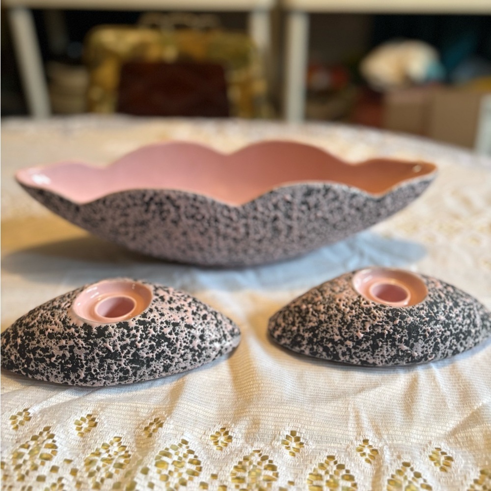 Vintage Pink and Black Speckled Ceramic Bowl and Candle Holders